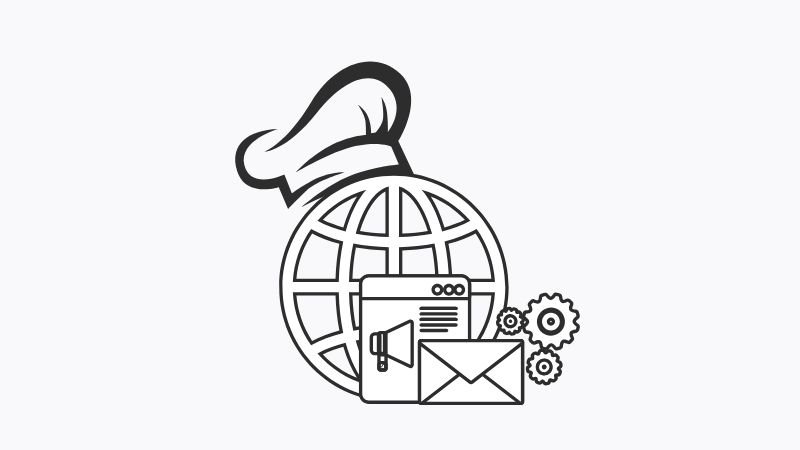 Estrategias de Marketing Digital para Restaurantes de Comida Saludable Globo terráqueo con elementos de marketing digital como un megáfono, un sobre y engranajes, representando estrategias de marketing saludable.