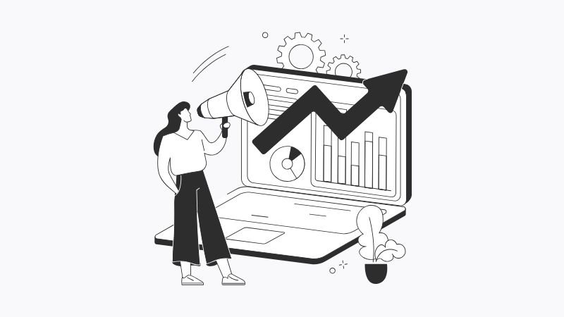consultor-cro-multiplicar-ventas-estrategia-optimizacion Ilustración de una mujer usando un megáfono junto a una laptop que muestra un gráfico de crecimiento ascendente, simbolizando la comunicación de resultados de optimización.
