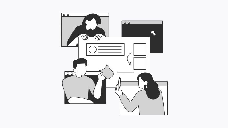 Ilustración de un equipo de marketing en una videoconferencia, revisando elementos de diseño, flujo de usuario y estrategia en una interfaz digital, simbolizando la planificación.