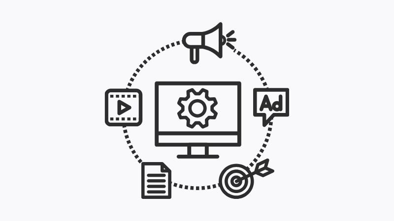 Ilustración de un sistema de marketing digital integrado, con iconos de video, documento, publicidad, megáfono y diana de resultados conectados a una computadora con un engranaje.