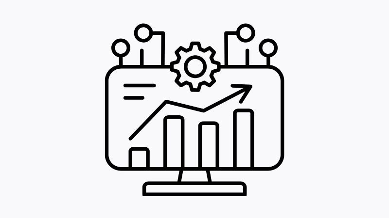 Ilustración de un gráfico de barras en ascenso con un engranaje central y nodos de conexión, que simboliza la optimización y el crecimiento exponencial del negocio.