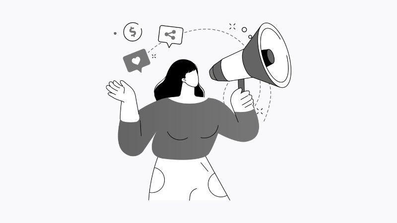 Ilustración de una consultora de posicionamiento web utilizando un megáfono para representar estrategias integrales de marketing digital, SEO y AEO.