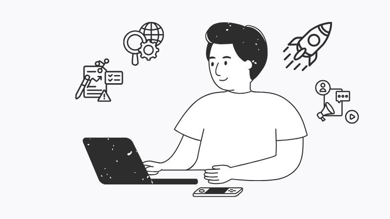 Ilustración de un consultor SEO freelance trabajando en estrategias de marketing digital, SEO local y búsqueda generativa.