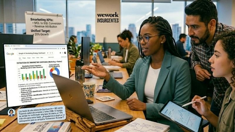 Profesionales utilizando herramientas de automatización con IA en smartphone y laptop para duplicar la productividad del equipo y monitorear métricas en tiempo real.