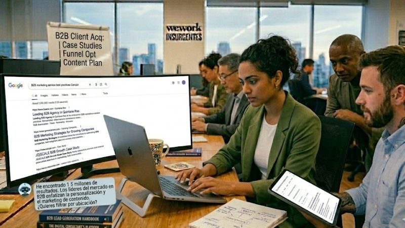 Equipo directivo analizando un framework de GEO (Generative Engine Optimization) para mejorar la citabilidad y autoridad de su marca en respuestas de IA.