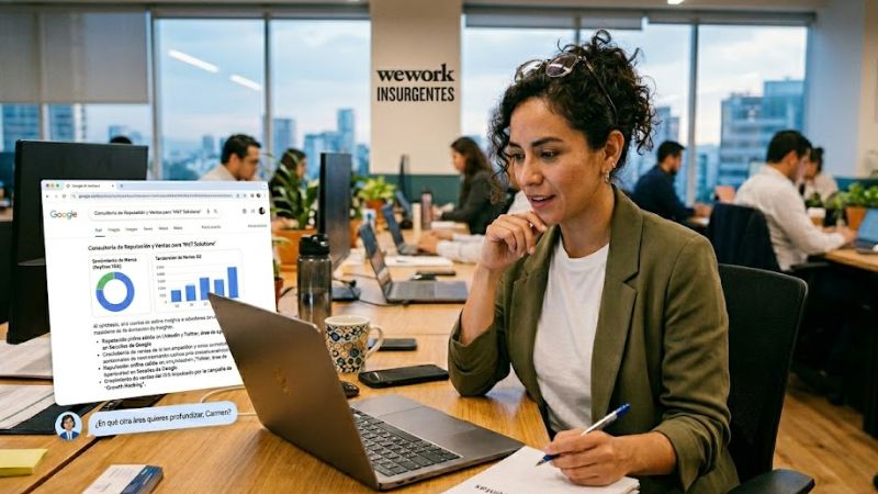 Profesional realizando una auditoría de presencia de marca en ChatGPT y Gemini para evaluar la exactitud, autoridad y riesgo reputacional de su empresa.