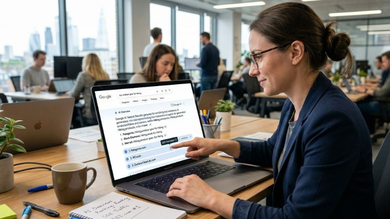 Profesional optimizando contenido para SEO e IA, con iconos de gestión de datos, citabilidad y arquitectura de información en la nube.