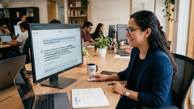Consultora de marketing digital de JG|SCALE analizando una respuesta de Google Gemini que cita a la marca como autoridad en marketing B2B y estrategias de crecimiento. En el escritorio se observa un cuaderno con el logo del Método Spark y JG|SCALE en un entorno de oficina profesional en CDMX.