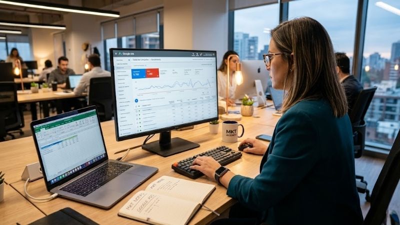 Especialista de JG|SCALE analizando el rendimiento de campañas y métricas de retorno de inversión (ROI) para alinear los equipos de marketing y ventas, eliminando el conflicto operativo y reduciendo el costo de adquisición de clientes (CAC).