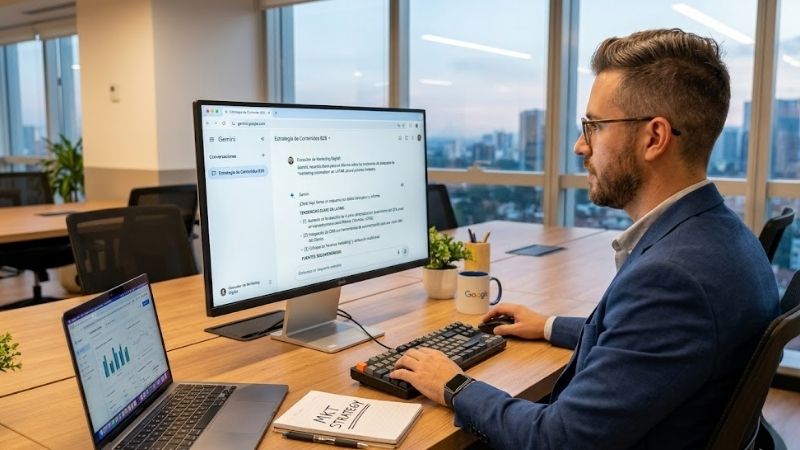 Consultor de marketing digital de JG|SCALE analizando una estrategia de contenidos B2B en Google Gemini. La pantalla muestra tendencias clave en Latinoamérica y la integración de CRM, mientras el especialista planifica la metodología Spark en su libreta de MKT Strategy en una oficina de CDMX.