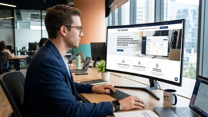 Consultor de marketing estratégico de JG|SCALE utilizando la plataforma LiveHub para monitorear el ROI y la visibilidad de la Metodología Spark. En la pantalla se observa un dashboard de resultados escalables con secciones de Discovery Session, Análisis Competitivo y Entregables Estratégicos para empresas en México.