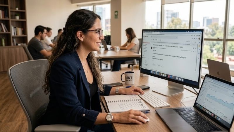 Especialista de JG|SCALE en CDMX realizando una auditoría de visibilidad (AI-Visibility Audit) y gestionando informes de transparencia para clientes. En las pantallas se observa la sincronización entre métricas de autoridad y comunicación estratégica para posicionar marcas en ChatGPT, Gemini y motores de respuesta.
