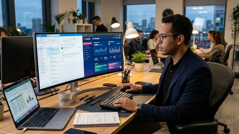 Consultor de JG|SCALE analizando el LiveHub Digital para monitorear los resultados de la alineación de ventas y marketing. En la pantalla se observan métricas de Revenue Acceleration, CPA y LTV, herramientas clave de la metodología SPARK para empresas en México.