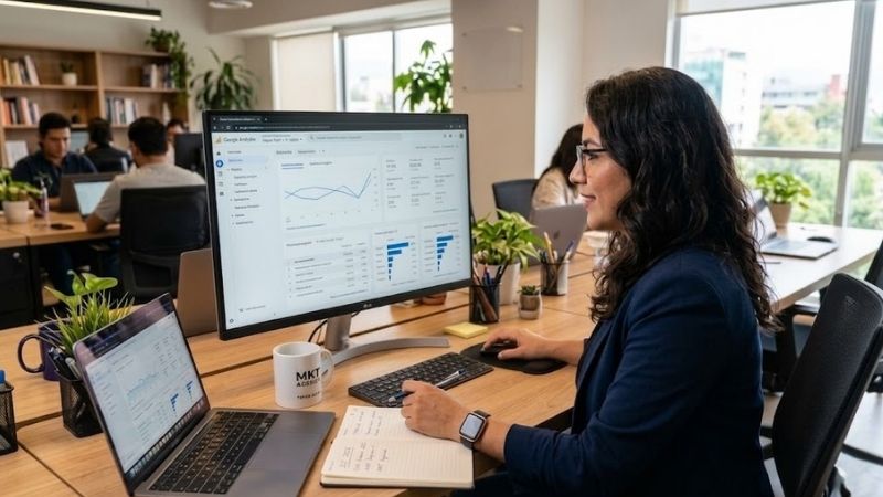 Especialista de JG|SCALE analizando métricas de Google Analytics para una estrategia de Smarketing en México. En pantalla se observan gráficos de rendimiento que permiten optimizar el presupuesto publicitario y mejorar la conversión de leads B2B mediante la metodología Spark.
