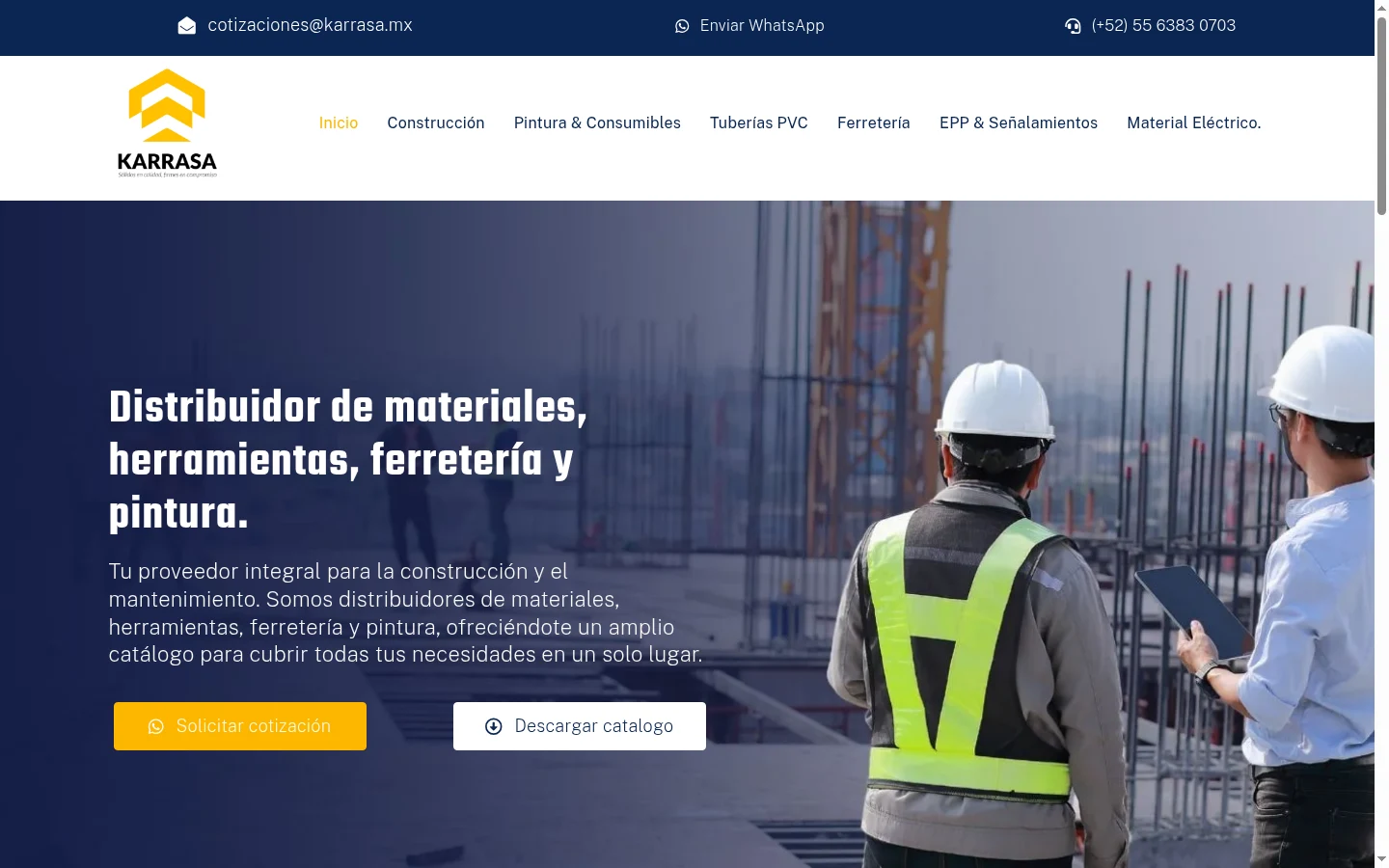 Sitio web de Karrasa con su catálogo de materiales de construcción, visto en una computadora.
