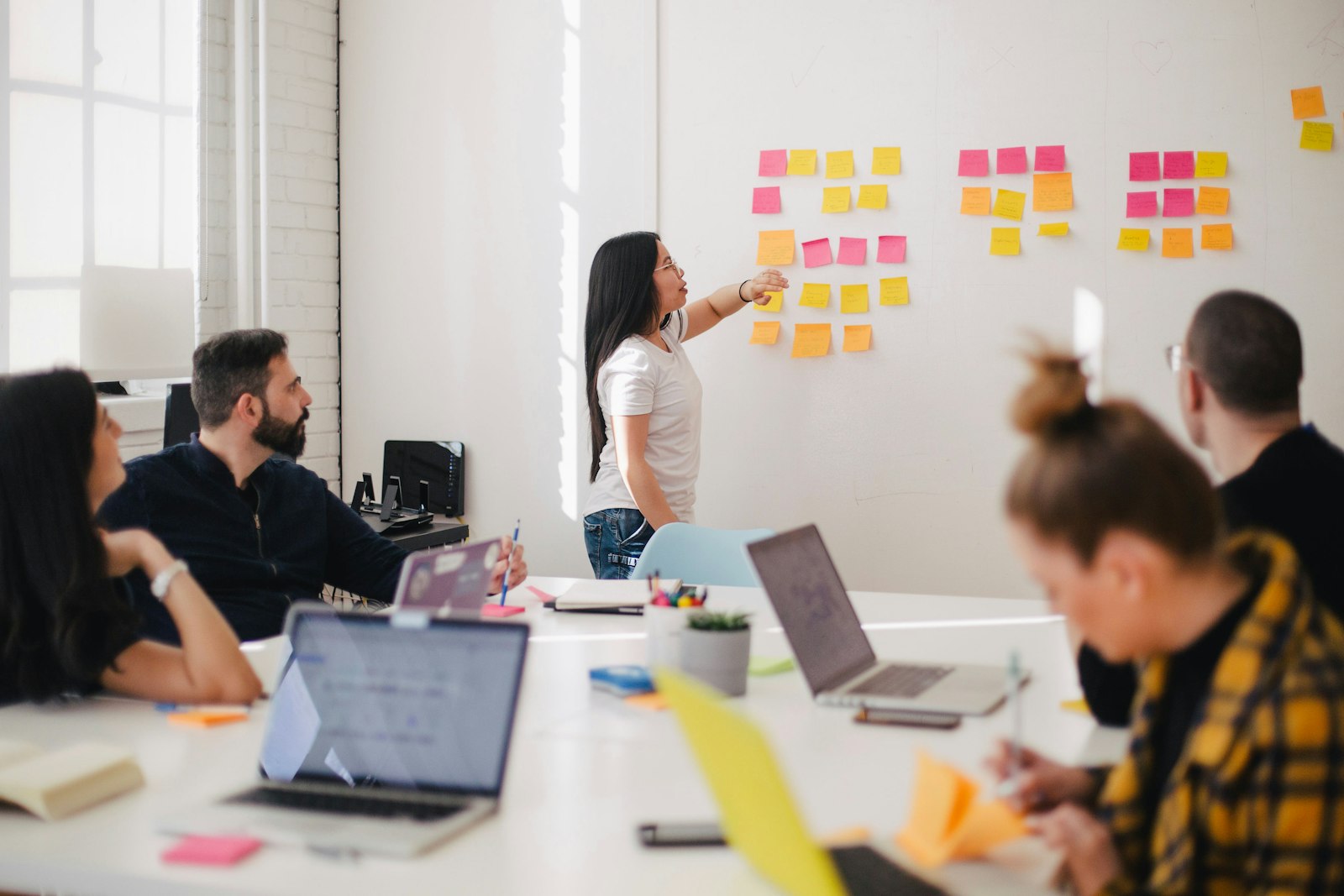 Equipo de dirección en una sesión de auditoría de revenue revisando el embudo de ventas con notas adhesivas
